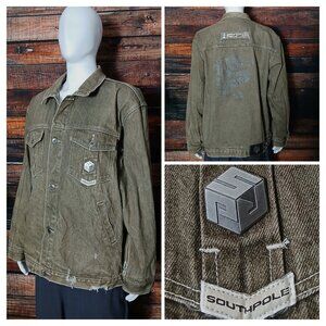 Southpole Vintage Denim Jacket Mens XL Distressed Brown Dragon Button Front Y2K